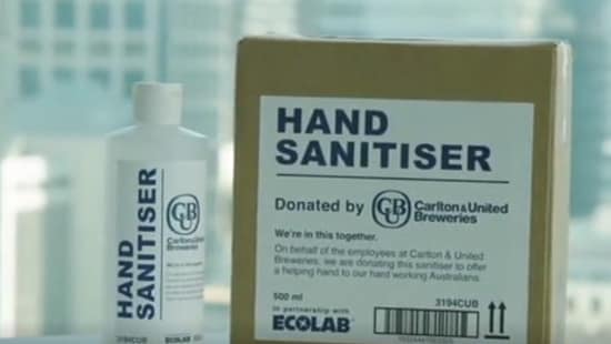 box containing donated Ecolab hand sanitiser