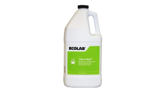 Commercial jug of Ecolab lime a way cleaner with spout and handle for easy refills.