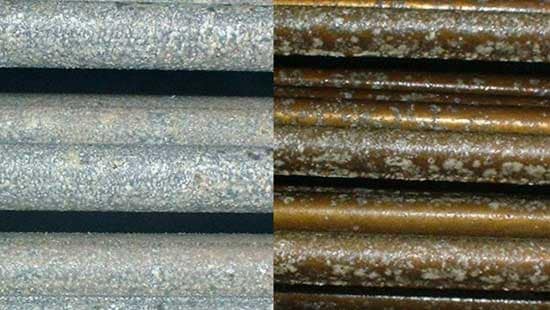 Before and after image of pipes affected by white rust and pipes cleaned through the white rust inhibitor program.