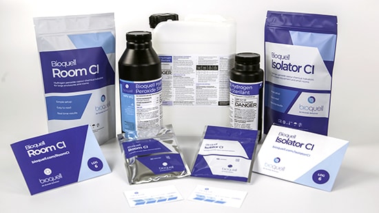 Bioquell accessories including biological indicators, chemical indicators, and hydrogen peroxide.
