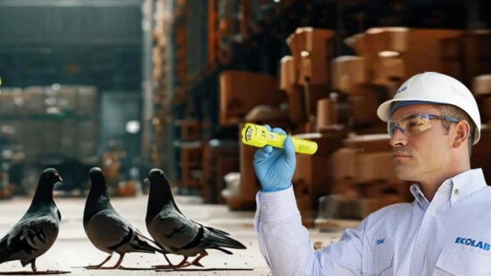 Person in a warehouse wearing a hard hat examines pigeons using a yellow flashlight, with stacked boxes in the background.